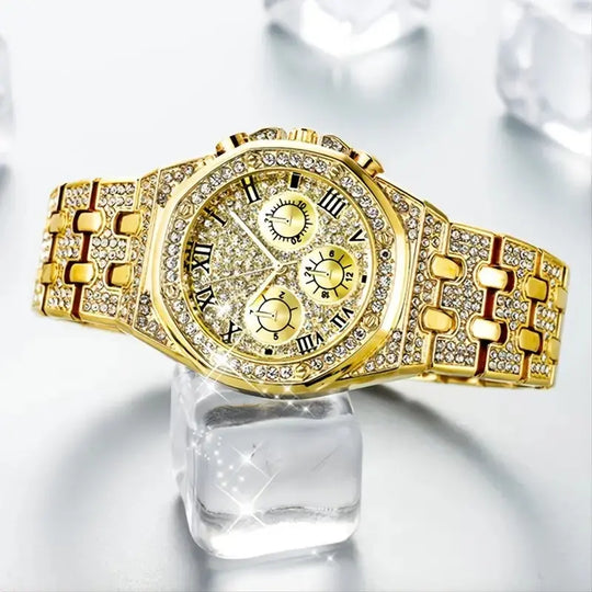 "Women's Diamond Gold Watch - Luxury Brand, Rhinestone Embellished, Ladies Wristwatch with Bracelet Design"