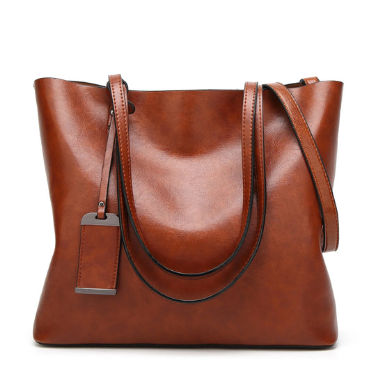 "2024 Waxing Leather Bucket Bag: Elegant Double-Strap Handbag & Shoulder Tote for Women - Versatile All-Purpose Shopping Bag"