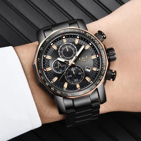 "LIGE New Men's Sport Chronograph Watch - Top Brand Luxury, Full Steel Quartz, Waterproof, Large Dial Design"