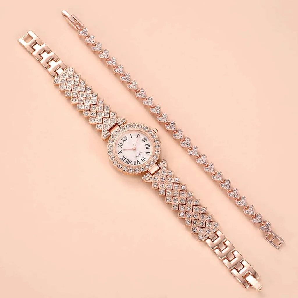 "2024 Women's Watch Set -  Luxury Brand, Watch and Bracelet Combo, Diamond and Rose Band"