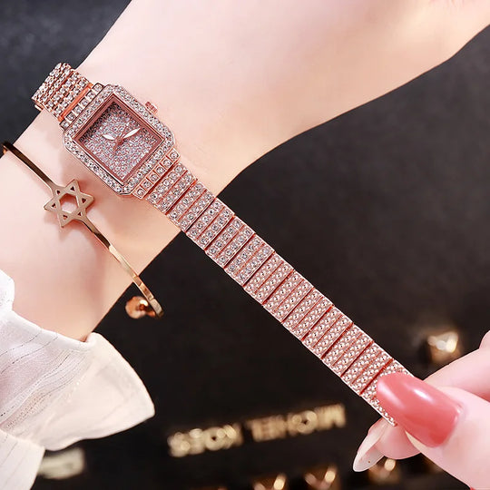 "New Women's Luxury Brand Watch - Gold Bracelet Style, Rhinestone Embellished, Elegant Ladies Timepiece, Perfect as a Gift"