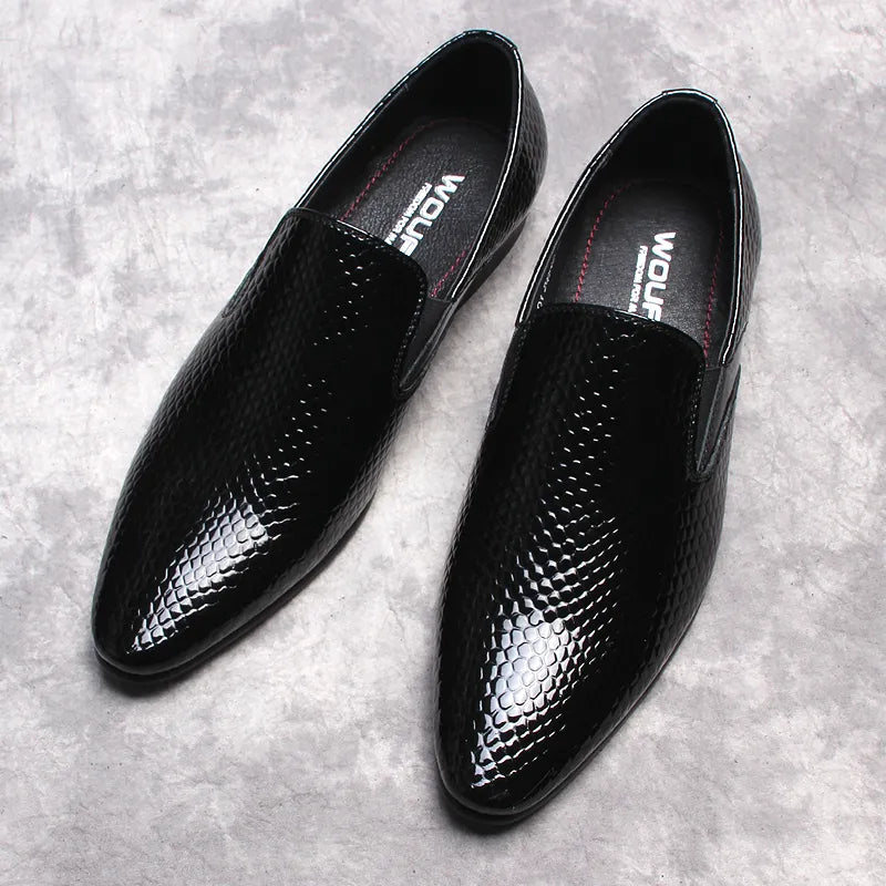 Pointed Toe Men's Loafers, Genuine Leather, Italian Oxfords, Fashion Dress Shoes with Snake Pattern in Black