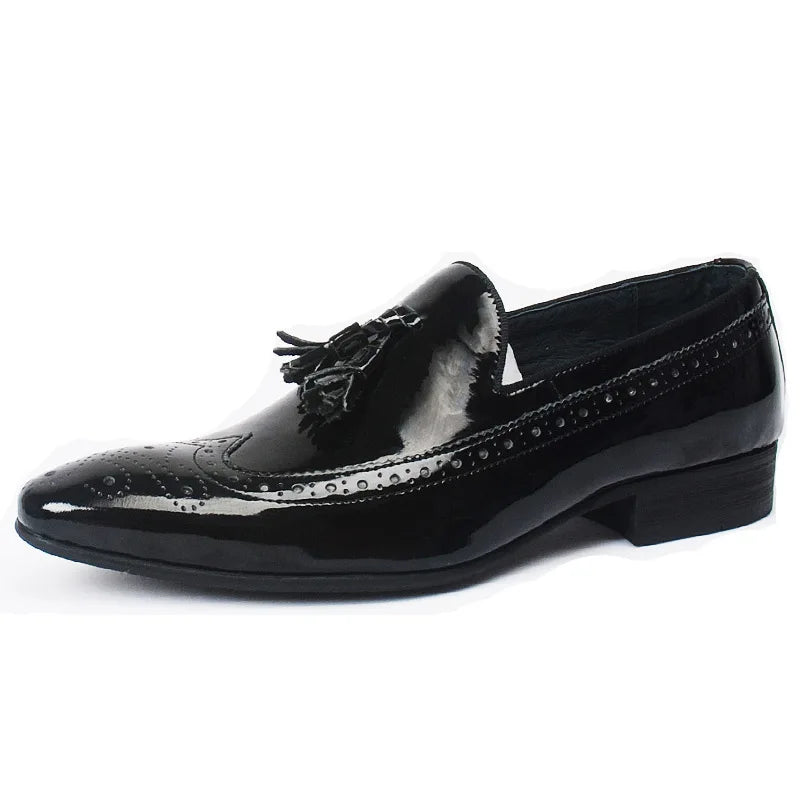 Pointed Toe Brogue Tassel Loafers for Men, Genuine Leather Black Slip-On Dress Shoes, Formal Oxford Footwear