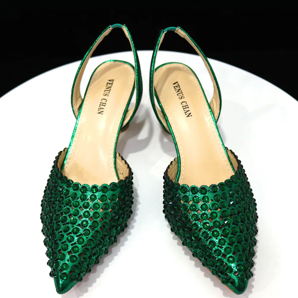 Venus Chan High Heels for Lady 2023 Luxury Designer Green Color Full Diamond Pointed Toe Shoe and Bag Set