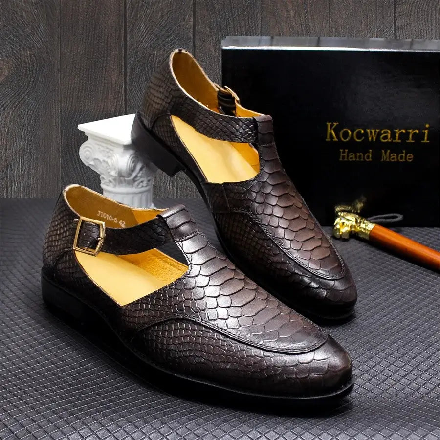 Men's Leather Snake Pattern Sandals with Hollow Design, Casual Dress Shoes with Metal Button – Ideal for Office Wear"