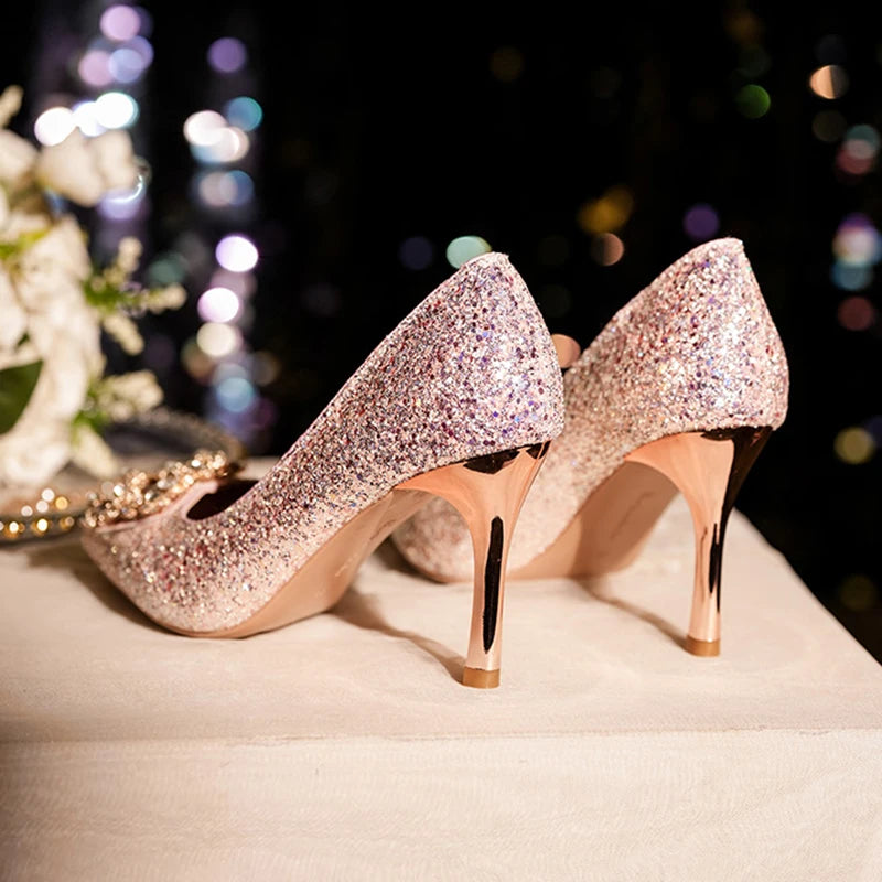 Pink Sequins Pumps Ladies Rhinestone Pointed Toe Stiletto High Heels Shoes Women Slip Shoes