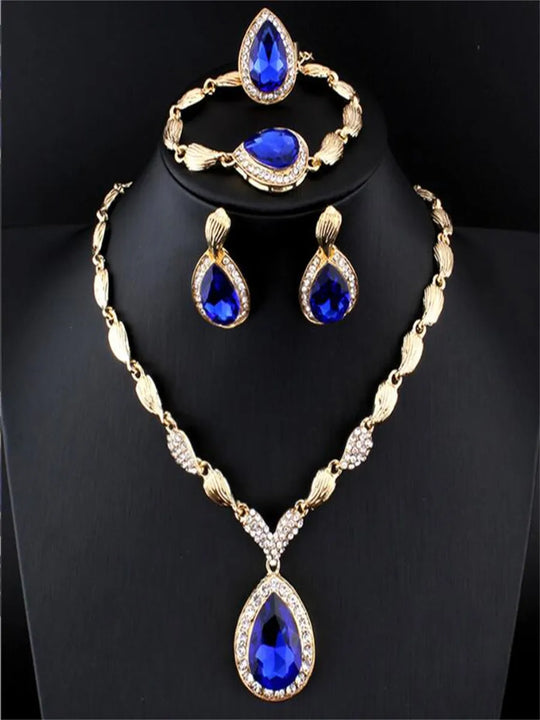 Blue sapphire alloy ring necklace earrings bracelet set of four High-grade alloy jewelry accessories