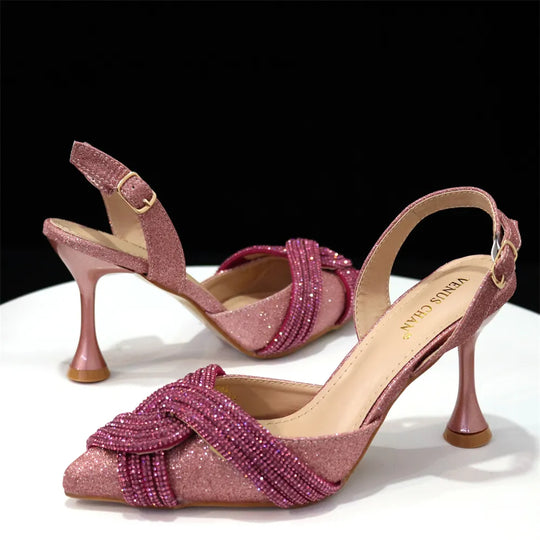 Venus Chan New Italian Design Magenta Diamond Belt With The Same Color Cashew Bag Exquisite Banquet Shoes And Bag Set