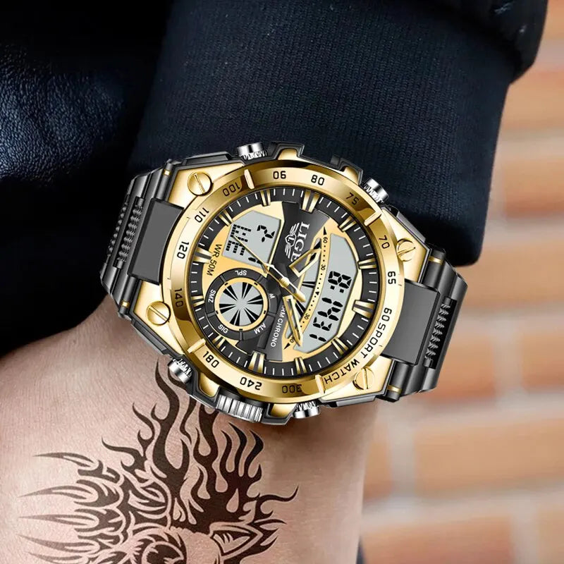 "LIGE Luxury Men's Dual Display Watch - Top Brand Fashion, Casual Sport Diver Style, Quartz Chronograph"