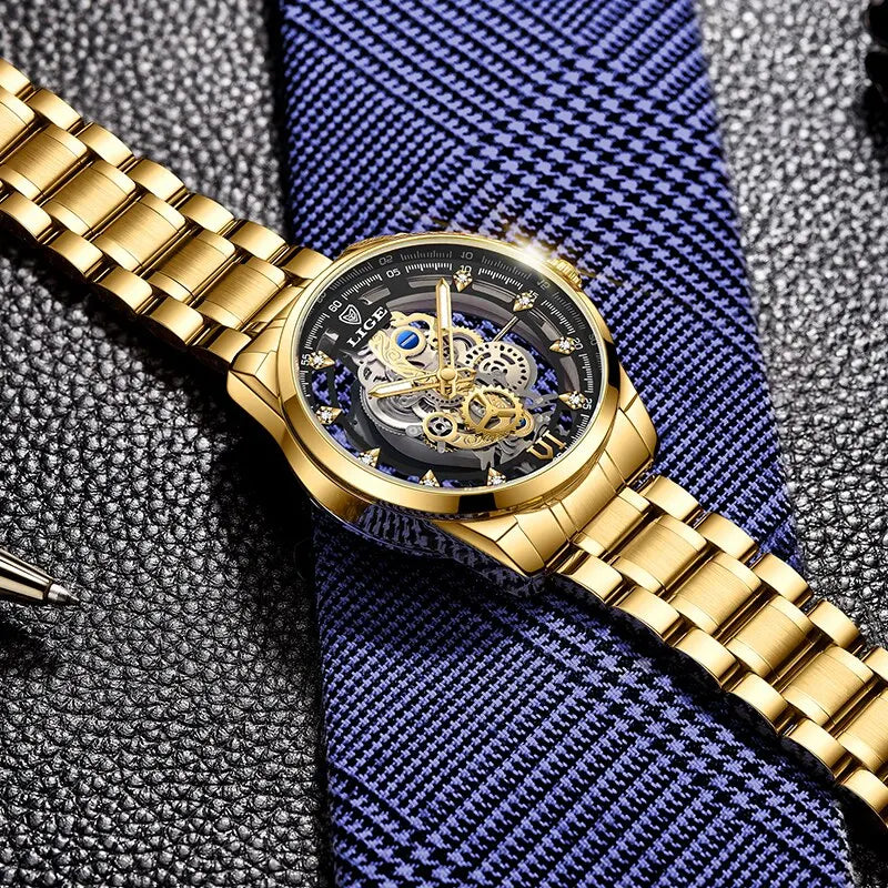 "LIGE New Skeleton Quartz Men's Watch - Gold Retro Style, Top Brand Luxury, Elegant Wristwatch"