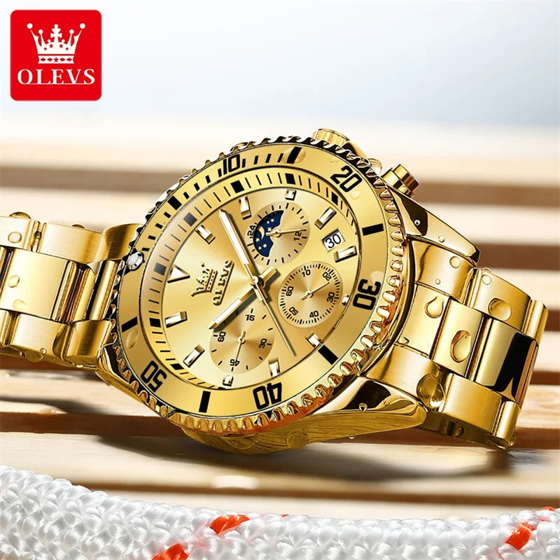 "OLEVS Men's Watch - Top Brand Luxury, Gold Quartz, Military Style, Waterproof, Date Function, Luminous, Stainless Steel"