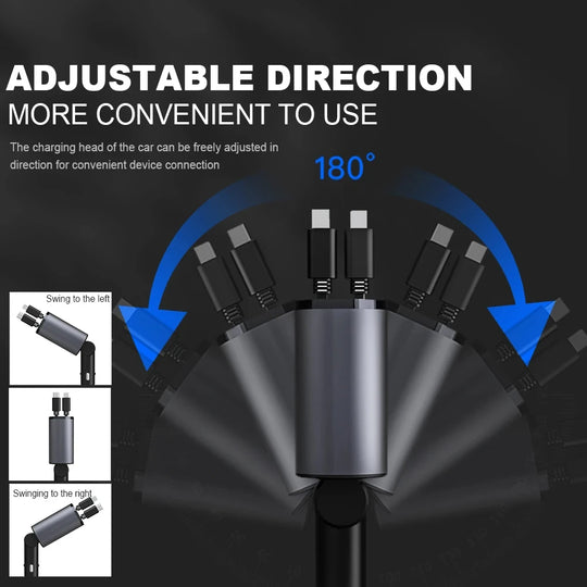 4 in 1 120W Car Charger Retractable Car Cigarette Lighter Adapter USB/Type-C Fast Charger Cable For IPhone Xiaomi Huawei Samsung