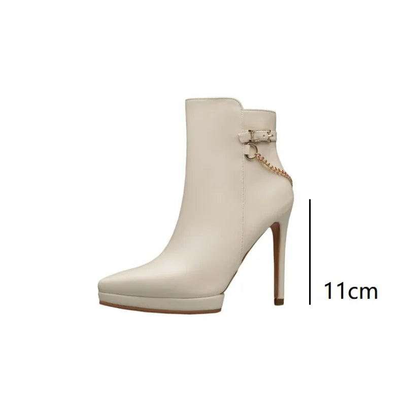 LeShion Chanmeb Sexy High Stiletto Heel Ankle Boots Women Black Beige Gold Metal Chain Buckle Pointy Toe Boots