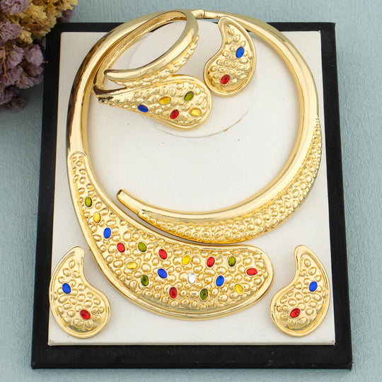 Italy Gold Plated Jewelry Set for Women Fashion Dubai Large Necklace Colorful Crystal Earrings High Quality Lady Wedding Jewelry