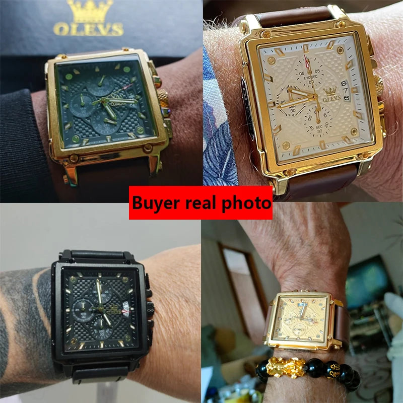 "2024 OLEVS Golden Men's Watch - Luxury Military Brand, Leather Strap, Large Gold Chronograph Wristwatch"