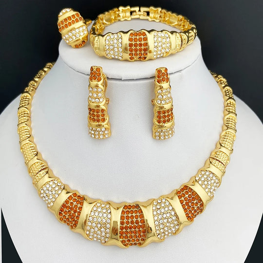 Dubai Gold Color Jewelry Sets, Luxury 18K Gold Plated Women Necklaces, Earrings, Ring, Bracelet