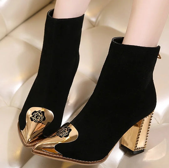 2024 Floral Black Ankle Boots with Pointed Toe and Thick Metal Heel: Women's High Heel Pumps and Rubber Platform Boots