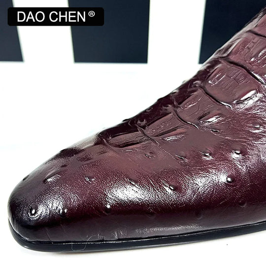 MEN'S GENUINE ITALIAN LEATHER RED WINE CROCODILE SLIP ON MEN'S DRESS SHOES