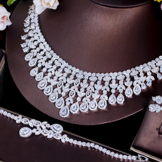 Super Luxury Tassel Leaf Drop Big Chunky Wedding Necklace Dubai White Gold Plated 4pcs Jewelry Sets for Brides