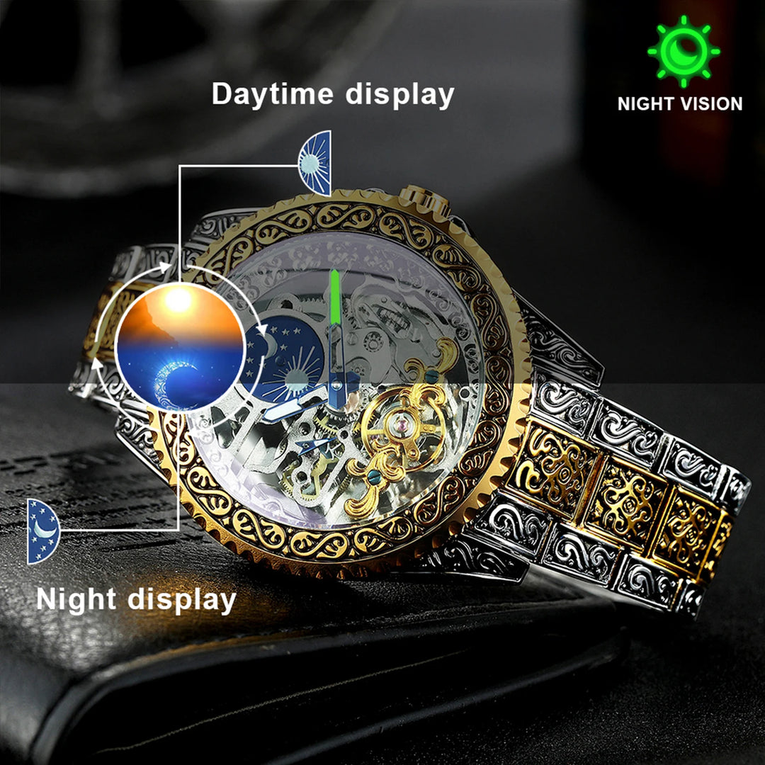 "Forsining Men's Automatic Tourbillon Watch - Mechanical Skeleton, Top Brand Luxury, Engraved Vintage Design, Moon Phase, Steel Construction"