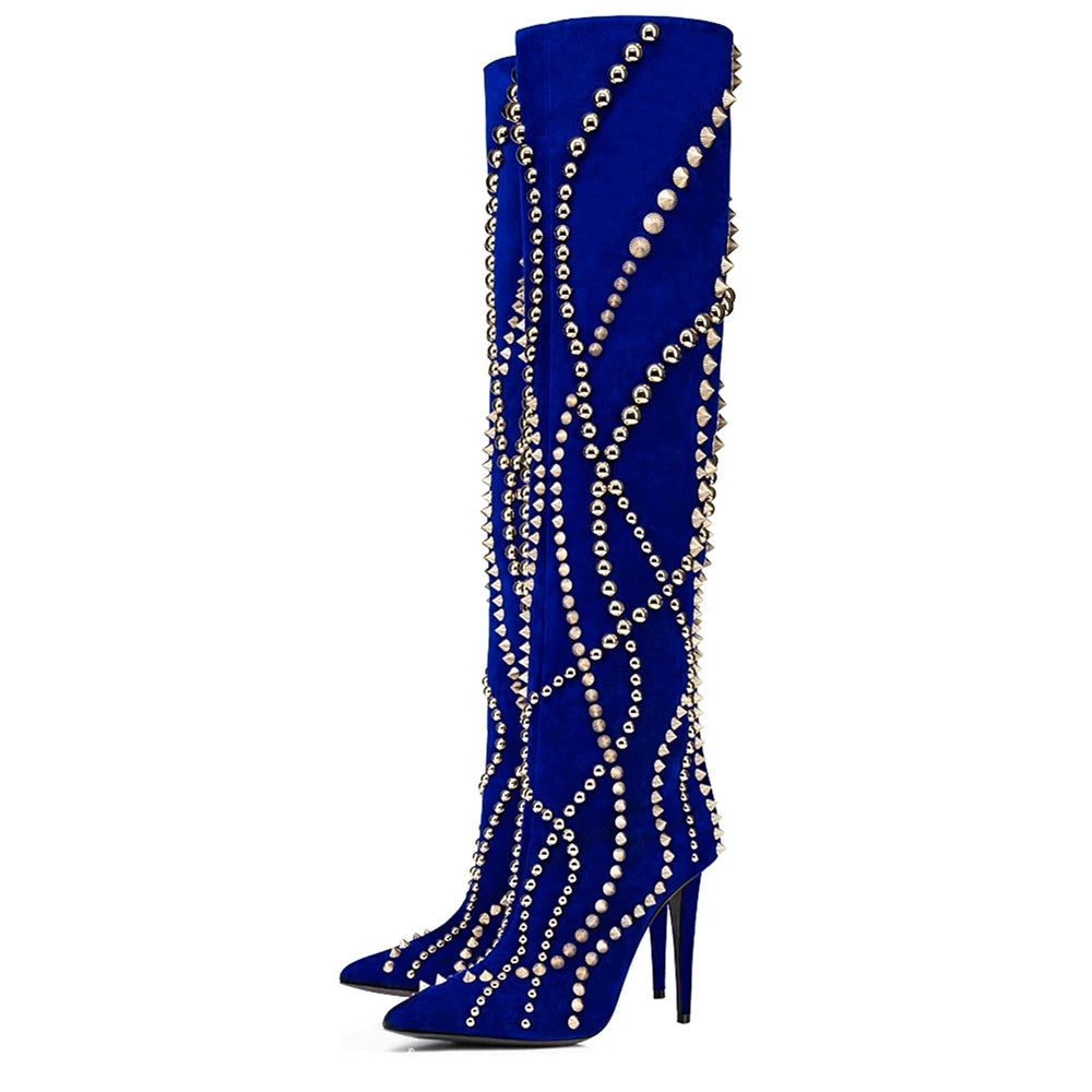 Faux Suede 2024 Women Suede Gold Studded Knee Stiletto Heel Calf Booties Pointed Toe Shiny Metallic  Rivet Knee High Boots