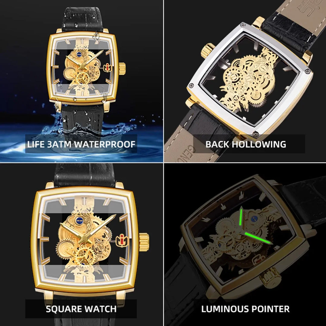 Top Luxury Men's Hollow Square Watch - Gold Gear, Fashionable Business Design, Versatile Glow, Waterproof, Quartz Movement"