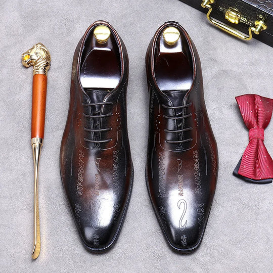 Handcrafted Men's Brown Genuine Leather Brogue Oxford Shoes, Lace-Up Business Formal Dress Shoes