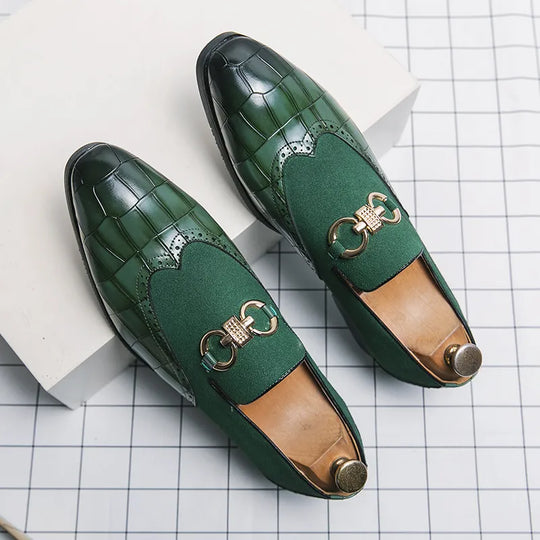 Autumn Green Loafers, Men Slip-on Nubuck Leather Pointed Toe Dress Shoes