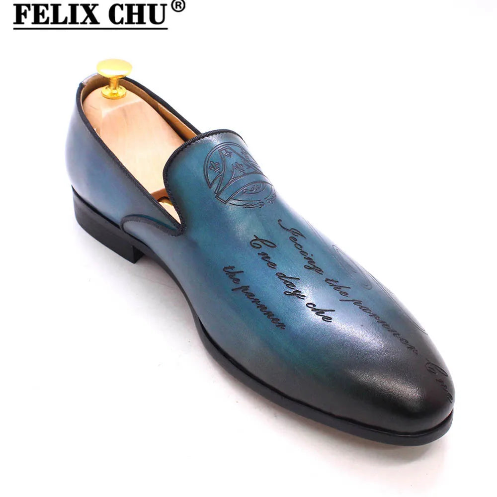 Italian-Inspired Men's Loafers, Handmade with Letter Print, High-Quality Genuine Leather Dress Shoes, Business Formal Footwear