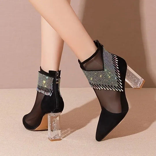 Summer Fashion Boots Women 2024 New Glitter Rhinestone Ladies Pointed Toe Chunky Heel Shoes Dress Party Female Mesh Sandals