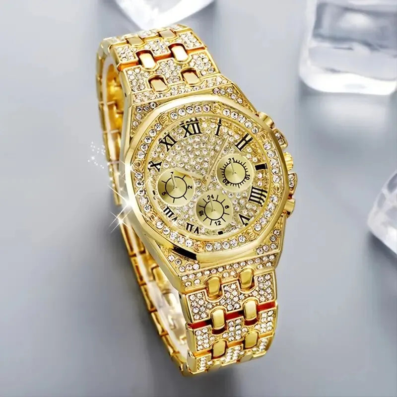 "Women's Diamond Gold Watch - Luxury Brand, Rhinestone Embellished, Ladies Wristwatch with Bracelet Design"