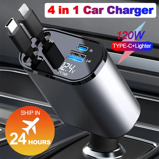 4 in 1 120W Car Charger Retractable Car Cigarette Lighter Adapter USB/Type-C Fast Charger Cable For IPhone Xiaomi Huawei Samsung