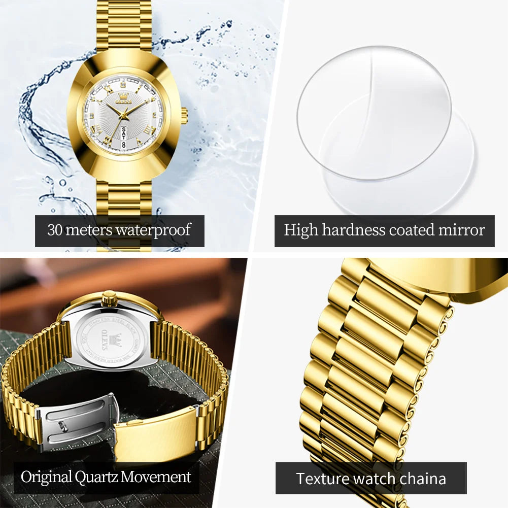 "OLEVS Women's Luxury Watches - Fashionable 30M Waterproof Gold Quartz, Stainless Steel with Dual Calendar Feature"