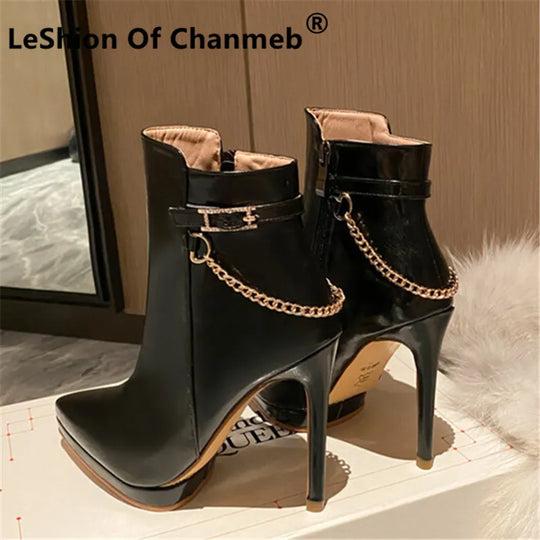 LeShion Chanmeb Sexy High Stiletto Heel Ankle Boots Women Black Beige Gold Metal Chain Buckle Pointy Toe Boots