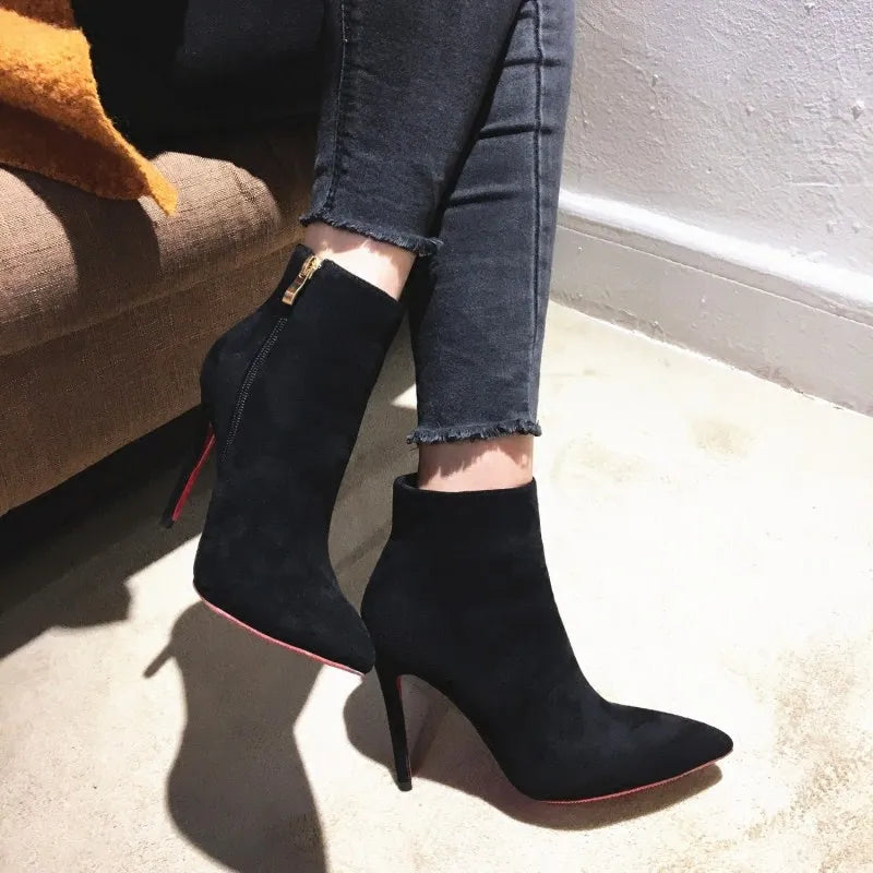 New 2024 Side Zipper High Heel Short Boots Thin Heel Women's Sexy and Versatile Pointed Toe Women's Boots