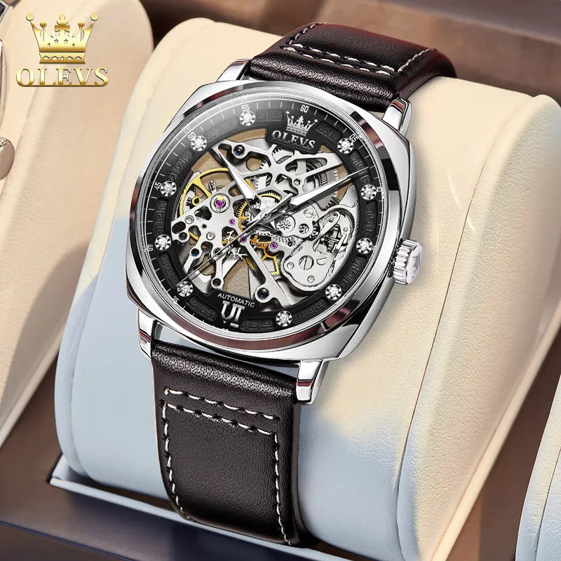 OLEVS Men's Watches Automatic Skeleton Self Winding Watches with Black Leather Band Waterproof Original Mechanical Watch for Man