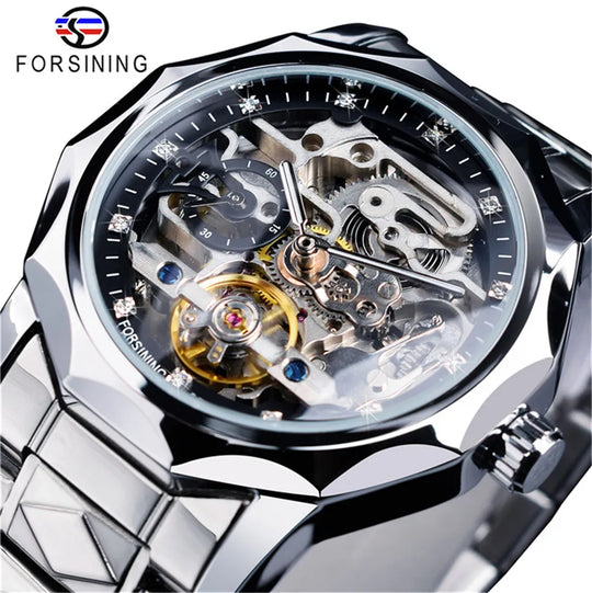 Forsining  Luxury Design Skeleton Transparent Golden Stainless Steel Men's Automatic Mechanical Watch