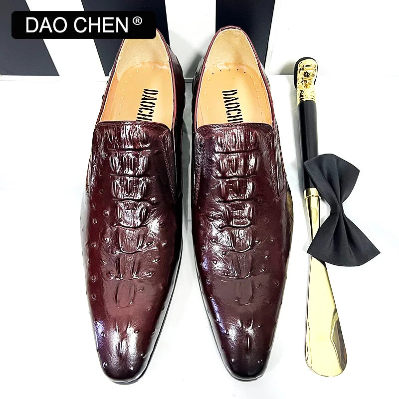 MEN'S GENUINE ITALIAN LEATHER RED WINE CROCODILE SLIP ON MEN'S DRESS SHOES