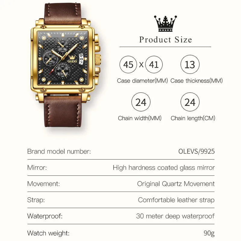 "2024 OLEVS Golden Men's Watch - Luxury Military Brand, Leather Strap, Large Gold Chronograph Wristwatch"