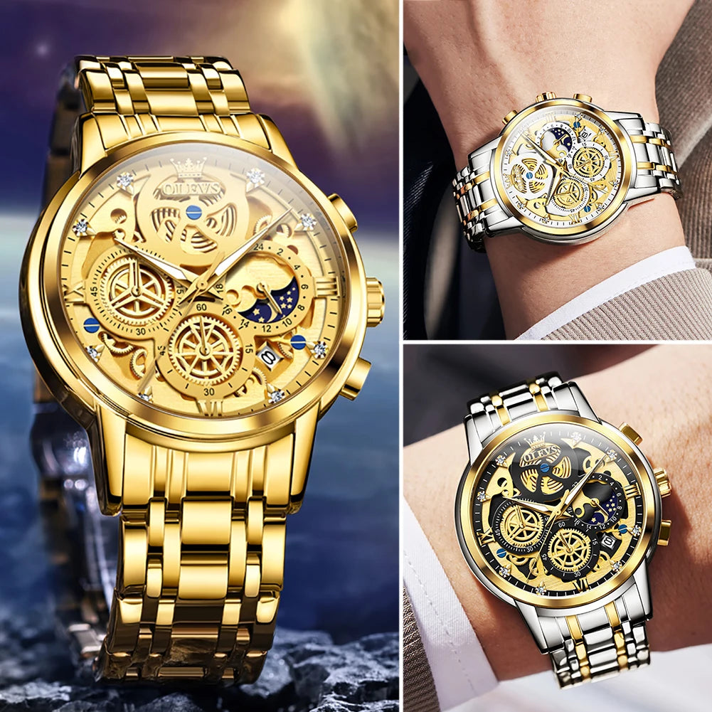 OLEVS Men's Watches Top Brand Luxury Original Waterproof Quartz Watch for Man Gold Skeleton Style 24 Hour