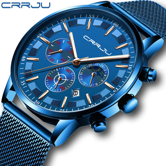 "CRRJU Men's Quartz Sport Watch - Luxury Brand, Chronograph, Waterproof, Fashionable Mesh Steel Design"