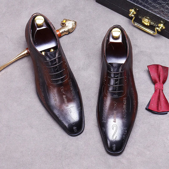 Handcrafted Men's Brown Genuine Leather Brogue Oxford Shoes, Lace-Up Business Formal Dress Shoes