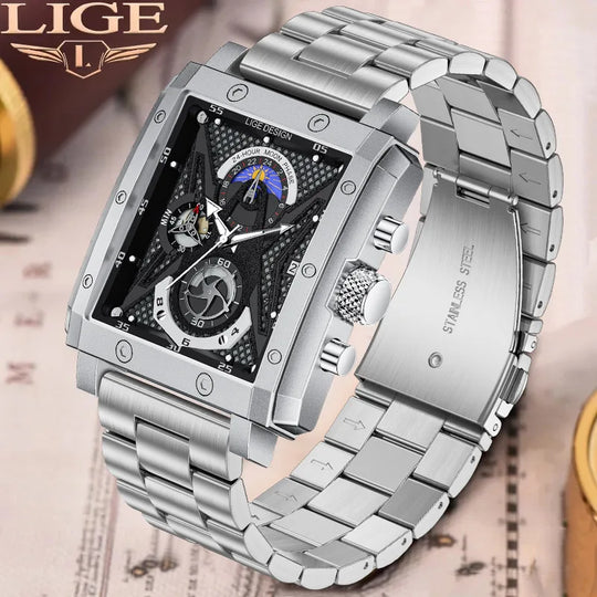 "LIGE Men's Fashion Quartz Watch - Casual Business Style, Top Brand Luxury, Sports Waterproof, Square Chronograph Wristwatch"