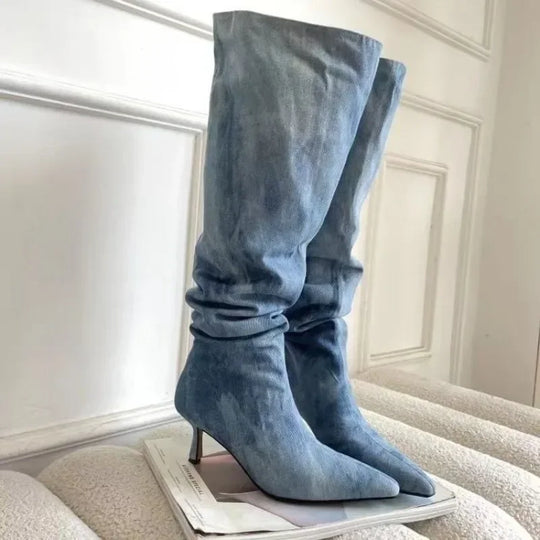 Slip on Kitten Heel Pleated Classic Denim Boots Over The Knee Boots Woman Knee High Boots