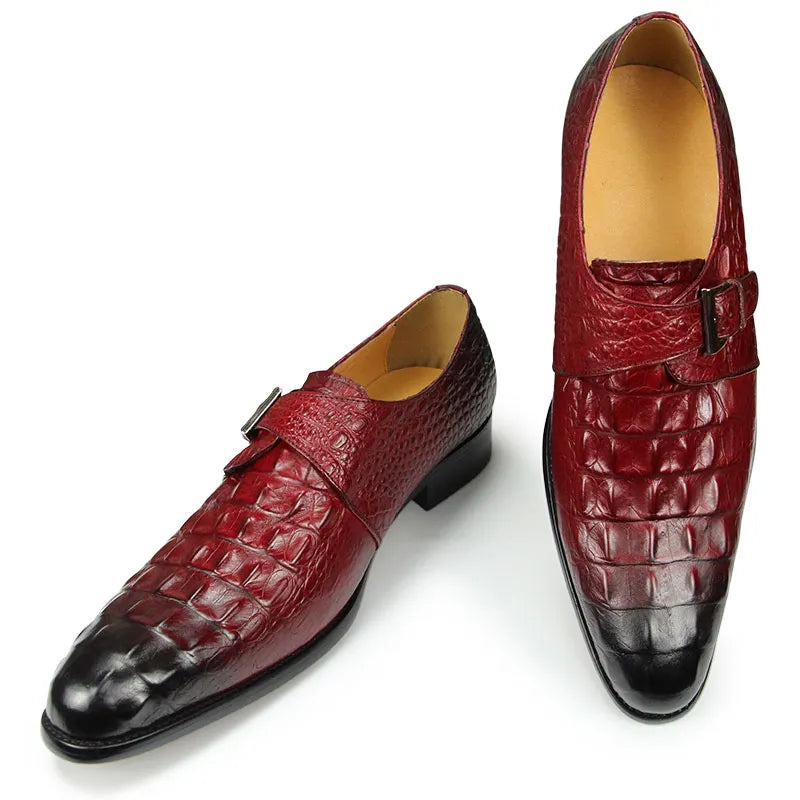 Men's Elegant Leather Oxford Dress Shoes with Crocodile Pattern, Italian-Inspired Strap Monk Loafer Design