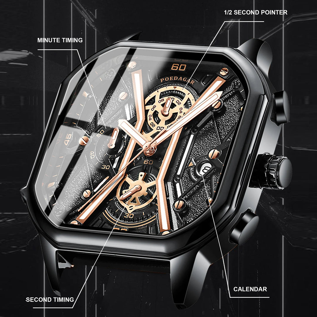 "POEDAGAR Men's Fashion Wristwatch - Luxury Chronograph, Luminous, Waterproof, Date Function, Square Dial, Leather Strap, Quartz Movement"