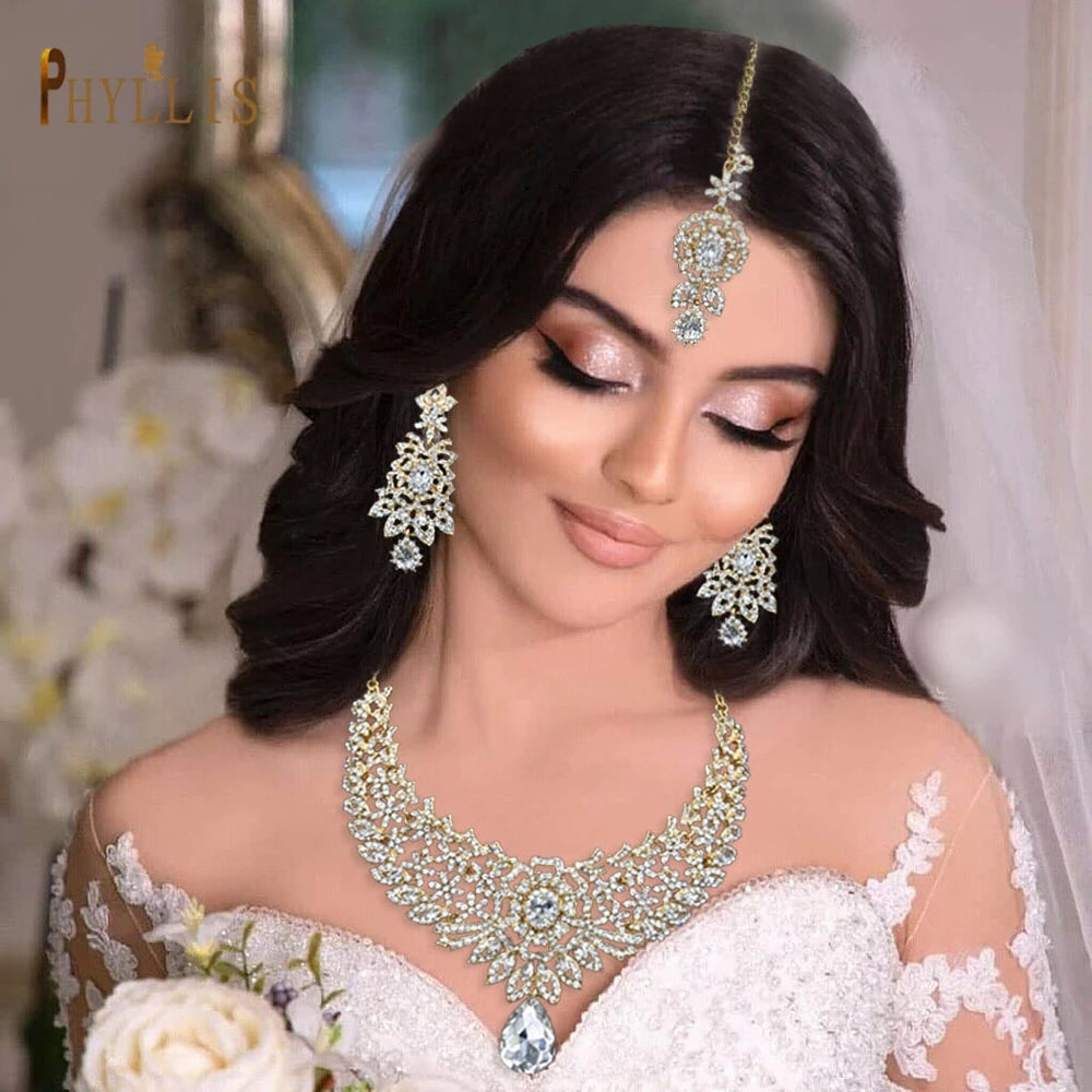 Wedding Forehead Chain Necklace Earrings Set Dubai Jewelry Set Gifts for Women Bridal Hair Accessories