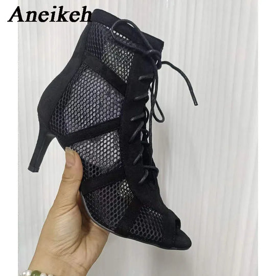 Aneikeh Middle Heel Ankle Strap Sandal Boots 2024 Fashion Summer Lace Up Cross-tied Peep Toe Lady Shoes