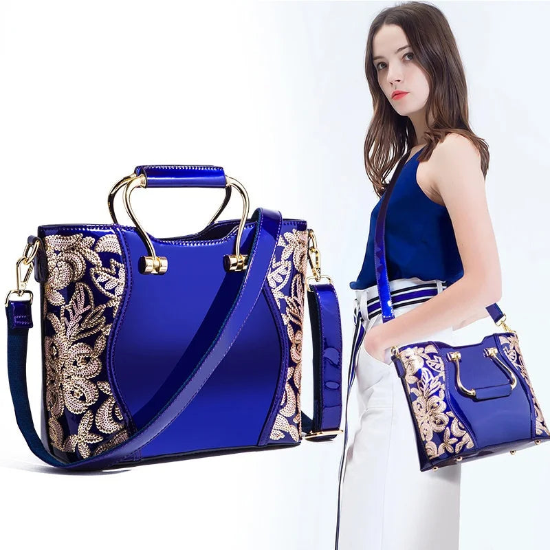 Floral Elegance Patent Leather Handbag: Large Capacity Crossbody and Shoulder Bag for Women