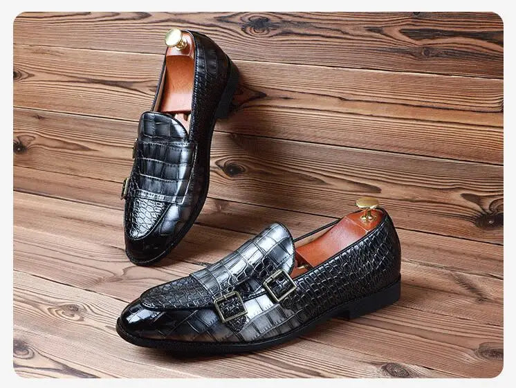 Men's Classic Crocodile Grain Microfiber Leather Casual Shoes Mens Buckle Party Wedding Loafers Moccasins Men Driving Flats